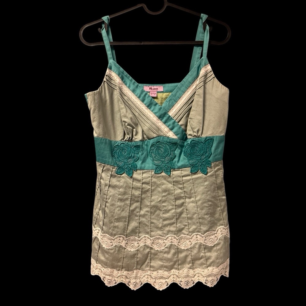 Monsoon Embroidered Appliqué Roses Teal Sage Green Tank Top size UK12 EUR40 M